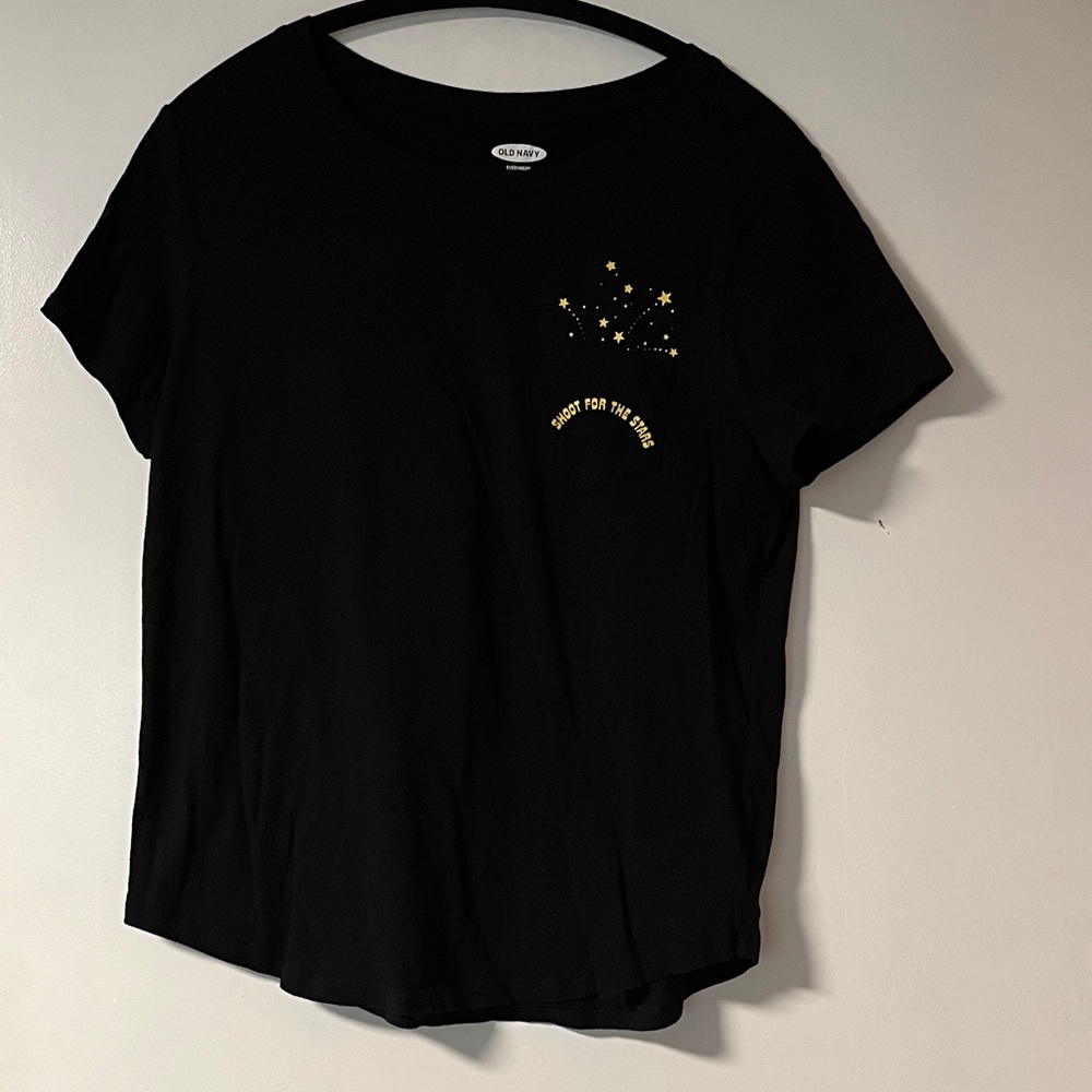 Old Navy Black Tee with Gold Star Design on Pocket